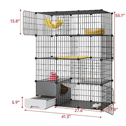 Oneluck Large Cat Cage with Litter Box, 4-Tier DIY Enclosures Detachable Metal Wire Kennel Indoor Crate Large Exercise Place Ideal for 1-2 Cats (41.3" L x 17.8" W x 55.1" H)