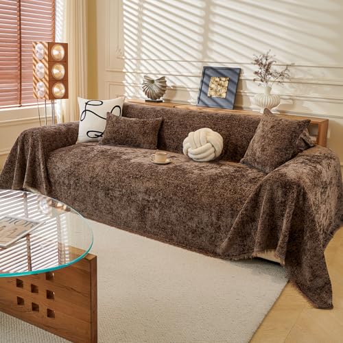 ROOMLIFE Couch Cover with Tassel Brown Chenille Sofa Cover Blanket for Sectional Sofa, Soft Sofa Slipcovers for L Shaped Love Seat 2-3 Cushion Couch Anti Slip Sofa Protector, 71"x118" - color: C#brown, size: Large(71''*118'')