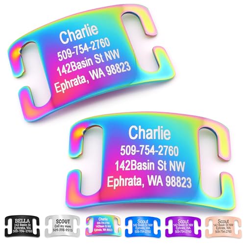 GoTags Slide-On Pet ID Tag, Curved Personalized Dog and Cat, Silent, No Noise Stainless Steel, Custom Engraved in 4 Sizes for Large and Small Pets, Rainbow - color: Rainbow