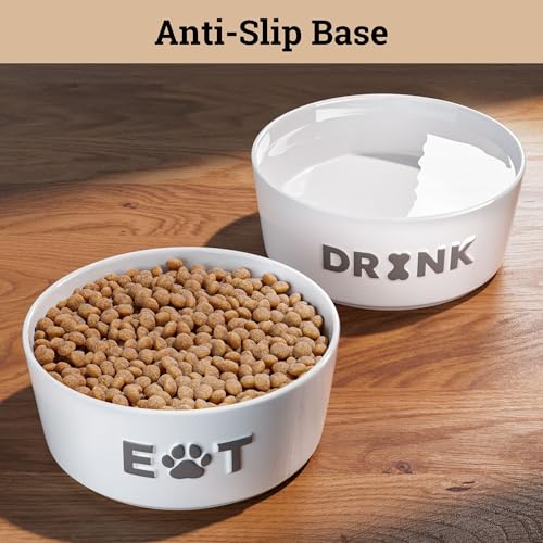 Ceramic Dog Bowl Set of 2 with Anti-Skid Base - 6.5" Wide x 2.5" Tall Ceramic Dog Bowls Medium Sized Dogs - 3.8 Cup Capacity Food and Water Bowls for Dogs - Rubber Bottom Pet Bowl Set of 2 Medium Size - color: Gray, size: Medium