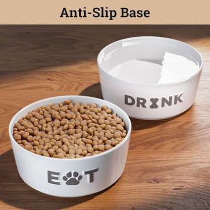 Ceramic Dog Bowl Set of 2 with Anti-Skid Base - 6.5" Wide x 2.5" Tall Ceramic Dog Bowls Medium Sized Dogs - 3.8 Cup Capacity Food and Water Bowls for Dogs - Rubber Bottom Pet Bowl Set of 2 Medium Size - color: Gray, size: Medium