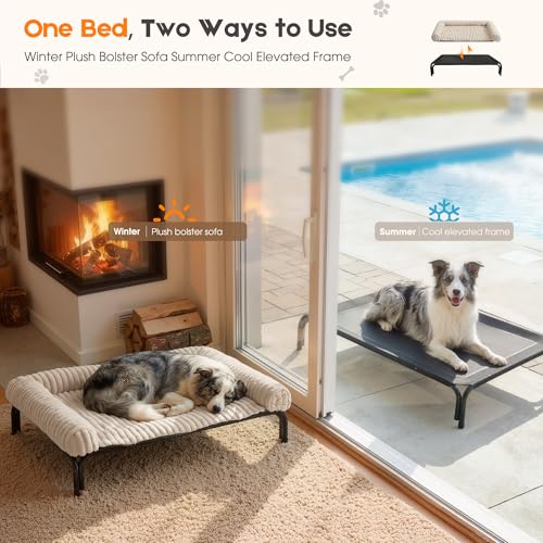 Elevated Dog Bed with Removable Fluffy Pillow Cushion, Raised Pet Cot Washable Bolster, Dog Couch Sofa, Anti Slip Feet, Breathable Mesh, Cream, 49"×36" - color: cream, size: Xl(49"×36"×8")