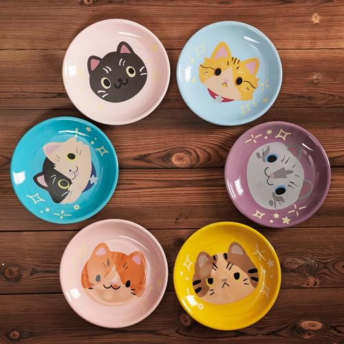 Ceramic Shallow Cat Dish 6 inch, Whisker Fatigue Free Cat Food Bowls, Wide and Small Pet Plate for Kitten and Kitty, Cat Design Gift for Cat Lovers - color: Cat Design A