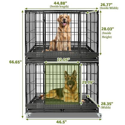 2 Pack Two Tiers 47 Inch Heavy Duty Dog Crate for Large Dogs, Stackable Chew-Proof Drop Cage for Dog with 4 Lockable Wheels, Escape Proof Auto-Lock & Buckle, Double-Access Wide Door Dog Kennel Indoor - size: 47 Inch-4 Pack