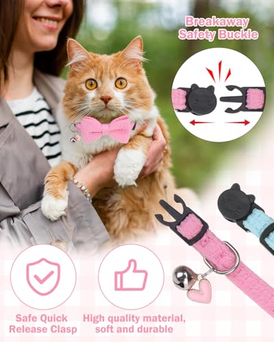 Cat Collar Breakaway with Bells, Soft Cotton Pink Cat Bowtie Collar for Girl Cats, Small Cats Collar with Bow for Spring Summer, 2 Pack Cute Kitten Collars with Removable Bowtie 8-12Inch - color: Light Pink + Sky Blue