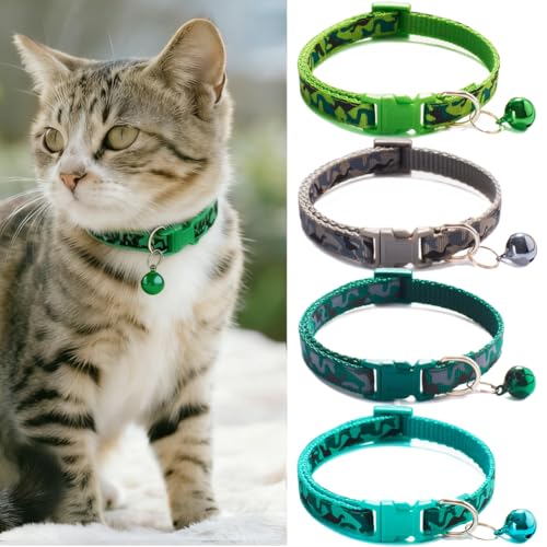 Camouflage Pattern Pet Collar with Bell, Adjustable Quick Release Buckle, Available in Blue, Yellow, Red, Pink, Green, Purple, for Cats and Small Dogs (Multi-Colored 2) - color: Multi-colored 2