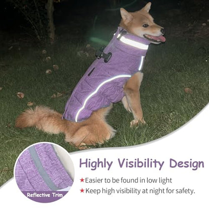 Dog Coat, Reflective Dog Jacket Waterproof Windproof Puppy Cold Weather Coats with Harness Built in, Winter Extra Warm Pet Coat Fleece Vest for Small Large Pets and Puppy (Purple, Medium)
