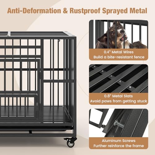 PETSITE 37 Inches Foldable Metal Dog Crate, Heavy Duty Dog Cage with 3 Lockable Doors, Removable Tray, 4 Lockable Universal Wheels, Indoor or Outdoor Dog Kennel for Small Medium Sized Dogs