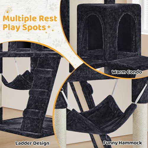 Yaheetech 54in Cat Tree Tower, Multi-Level Activity Center with Scratching Posts, Cozy Condo, Climbing Ladder & Hammock, Pet Play House for Kittens & Small Cats, Black - color: Black