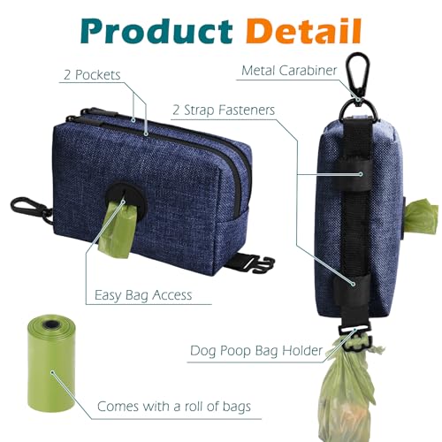 Dog Poop Bag Holder, Portable Pet Waste Bag Dispenser, 2 Pouches for Treats and Walking Accessories, Fit All Leashes, Includes 1 Roll of Dog Poop Bags (Navy Blue) - color: Navy Blue