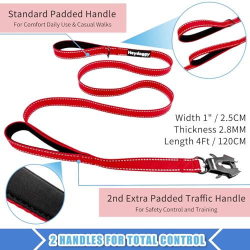 Strong Heavy Duty Dog Leash - 4ft Reflective Nylon Training Leash with Soft Padded Double Handle & Auto Lock Frog Clip - Safety Traffic Control for Large Medium Small Dogs No Pull Walk Red,4ft - color: Red, size: 4FT x 1" x 2.8MM