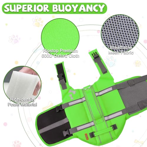 EMUST Dog Life Vests, Adjustable Dog Life Jacket with Rescue Handle, Dogs Flotation Vest for Small/Medium/Large Dogs, XS, NewGreen - color: NewGreen, size: XS