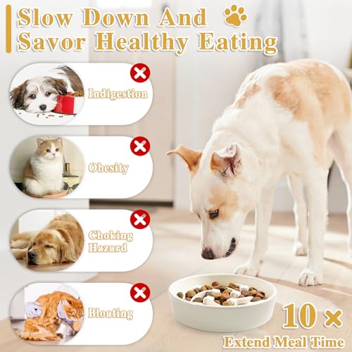 Ceramic Slow Feeder Dog Bowls, 1.5 Cups Dog Food Dish for Medium and Large Breed, Puzzle Dog Food Bowl for Fast Eater, 28OZ, 8.15 inch(Beige) - color: Beige-L