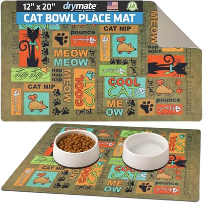 Drymate Cat Bowl Placemat, Pet Food Feeding Mat - Absorbent Fabric, Waterproof Backing, Slip-Resistant - Machine Washable/Durable (USA Made) (12” x 20”) (Cool Cat Brown) - color: Cool Cat Brown, size: Small (12" x 20")