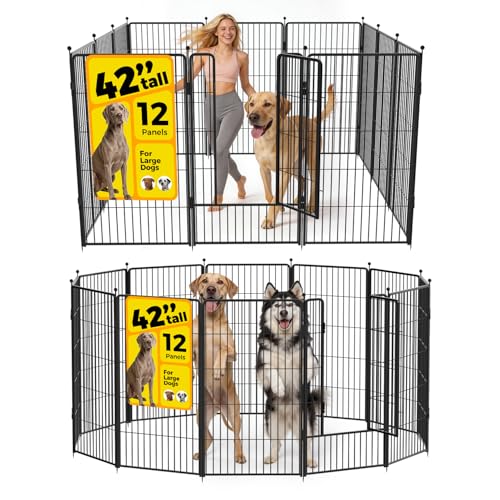Dog Playpen 42 inch 12 Panels for Indoor & Outdoor Use – Heavy-Duty Metal Pet Fence with Ground Stakes, Rounded Ball Tops for Safety, Stable & Foldable Design, Easy to Assemble - size: 42inch, style: 12 Panels