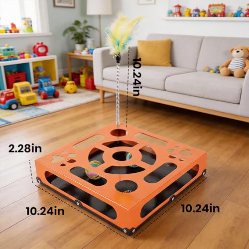 2026 New Metal Cat Scratch Puzzle Enrichment Box,cat Puzzle, 1 Spring-Loaded Colorful Feather Stick with a Bell,No Assembly Required, All Cats Indoor Play Toy - color: Hermès Orange