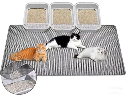 Large Cat Litter Mat, 46x32 Inches Extra Large Double Layer Honeycomb Cat Litter Trapping Mat, Non Slip Waterproof Urine Proof Mat, Scratch Resistant Durable Litter Rug - color: Grey 46"x 32"