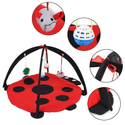 Foldable Cat Activity Play Mat Tent, Multi Function Cat Tent Activity Center with Hanging Toy, Cat Activity Center Pet Kitten Cushion Bed Hanging Balls Padded House Center for Cats Exercise Stay