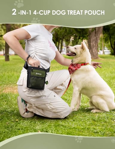 Gobeigo Dog Treat Pouch, Magnetic Closure & Sealable Silicone Bag Insert, 4-Cup Capacity – Belt Clip/Waist Belt/Crossbody Wear, Clicker Included – Great for Pet Training & Walking (Army Green) - color: Army Green