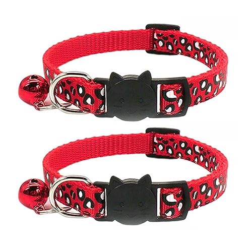 Reflective 2 Pack Breakaway Cat Collars with Bell Leopard Pattern Cute Kitty Adjustable 7.5-12.5 Inch Safe Kitten Collars Charms (Red)
