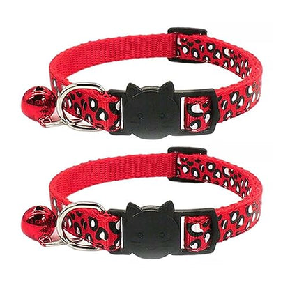 Reflective 2 Pack Breakaway Cat Collars with Bell Leopard Pattern Cute Kitty Adjustable 7.5-12.5 Inch Safe Kitten Collars Charms (Red)