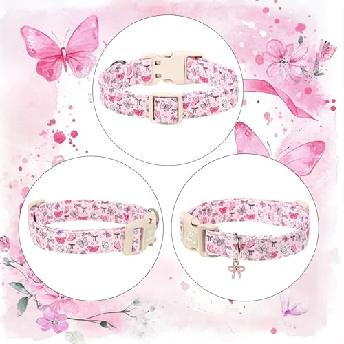 Pink Dog Collar Girl Dog Collars for Puppy Small Dogs - Lightweight Adjustable Spring Butterfly Female Dogs Everyday Collar with Quick Release Buckle XS - color: Pink Butterfly, size: XS