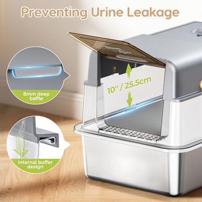 L7 Pro-Stainless Steel Litter Box with Lid, XXL Extra Large Enclosed Metal Cat Box for Kitty&Big Cats, Odor Control - Cat Litter Deodorizer, High Sided Enclosure with Scoop & Mat, Anti-Leakage-Grey - color: Grey
