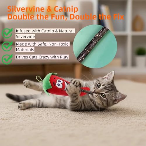 5 Pcs Ultimate Cat Toys Set with Natural Catnip Toys & Silvervine, 2 Plush Fish, Chili Chew, Silent Dino Rope & Hanging Tomato, Relieves Anxiety, Teething Aid, Quiet Play for Indoor Cats