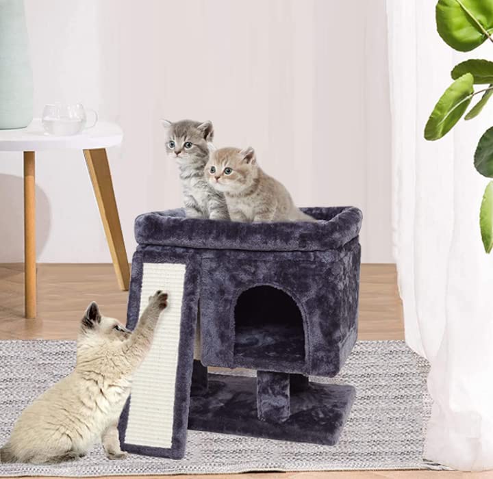 SYANDLVY Small Cat Tree for Indoor Cats Large Adult, Activity Tower with Scratching Post, Modern House with Padded Perch, Kittens Condo with Board, Cat Cave (Smoky Grey) - color: Smoky Grey