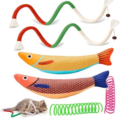 Interactive Cat Toy Set, 6-Pack Catnip Saury Fish & Springs for Indoor Cats, Kitten Chew Rope Bundles, Boredom Relief & Active Play
