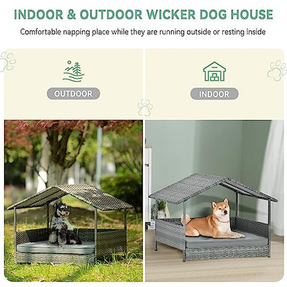 Lyromix Wicker Dog House with Canopy, 32" Outdoor Elevated Rattan Dog Bed with Water-Resistant Soft Cushion, Large Outside Raised Dog Shelter for Small, Medium Dogs, Gray