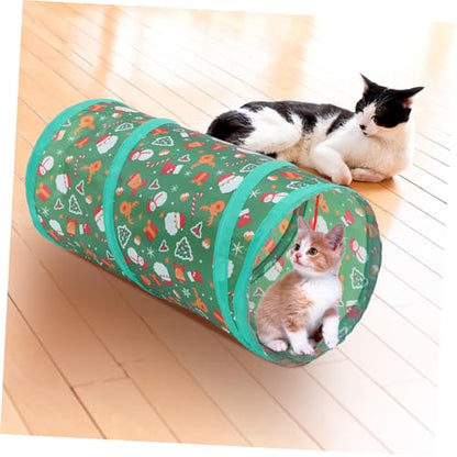 Christmas Theme Collapsible Cat Tunnel Cube with Bell Ball Foldable Breathable Cat Playhouse Hideaway for Interactive Exploration and Active Indoor Pets