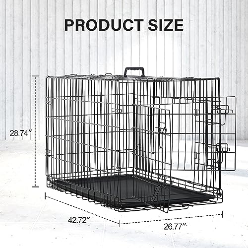 24/7 Shop at Home Gossamer Metal Double Door Folding Wire Pet Crate with Divider, Removable Tray, and Handle for Outdoor and Indoor Medium Dog, 42-inch, Black - size: 42.7"L x 26.8"W x 28.7"H
