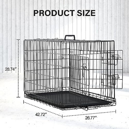 24/7 Shop at Home Gossamer Metal Double Door Folding Wire Pet Crate with Divider, Removable Tray, and Handle for Outdoor and Indoor Medium Dog, 42-inch, Black - size: 42.7"L x 26.8"W x 28.7"H