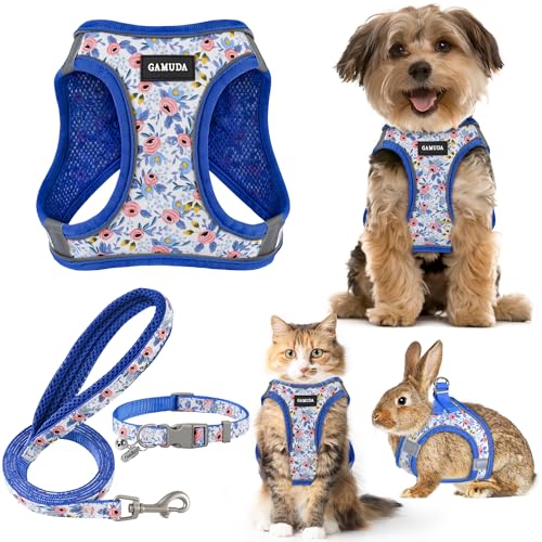 Small Dog Harness Collar and Leash Set, Step in No Chock No Pull Soft Mesh Adjustable Dog Vest Harnesses Plaid Reflective for Dogs Puppy Cats Kitten Rabbit (Blue Flower, XS) - color: Blue Flower, size: XS