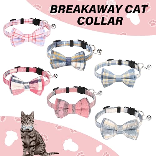 6 Pcs Cat Collar Breakaway with Bow Tie and Bell Kitten Collars Removable Bowtie Plaid Cat Collar for Cats Kittens Puppy (Cute) - style: Cute