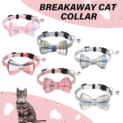 6 Pcs Cat Collar Breakaway with Bow Tie and Bell Kitten Collars Removable Bowtie Plaid Cat Collar for Cats Kittens Puppy (Cute) - style: Cute