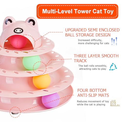 Cat Toys, 4-Level Turntable Ball Track Interactive Cat Toy for Indoor Cats, Self Play Fun Roller with Colorful Rotating Ball Puzzle Exercise Kitten Toys (Pink) - color: Pink