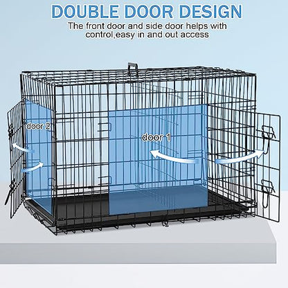 Dog Crates for Large Dogs Outdoor Indoor, Dog Cage Kennel Foldable Metal Wire Dog Crate with Leak-Proof Tray and Handle Double Door, Animal Pet Cage, 42 Inch - size: 42 INCH
