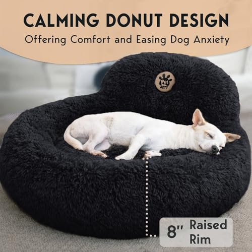 PetJett Calming Dog Bed Medium Size Dog - 30'' Donut Bed, Anti-Slip & Washable Super Soft Fluffy Plush Round Bed, Anti-Anxiety Premium Comfort Pet Bed, Fits Dogs up to 45 lbs - Black - color: Black, size: Medium - 30”L x 30”W x 8”Th