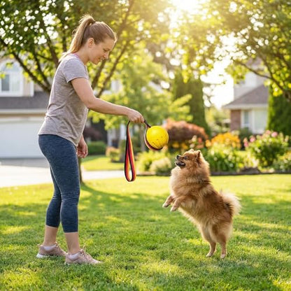 Durable Rubber Dog Ball with Strap - Interactive Fetch/Tug Toy for Aggressive Chewers, Floating Dog Toy for Medium/Large Dogs (Small) - size: Small