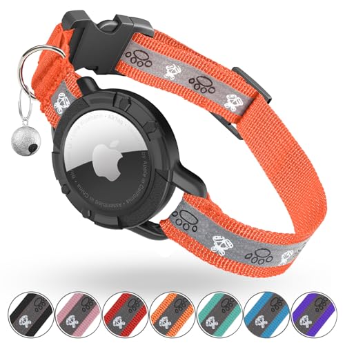 Reflective AirTag Cat Collar, Integrated Cat Tracker Collar with Air Tag Holder and Bell, Safety Elastic Band Cat GPS Collars for Girl Boy Cats, Kittens and Puppies (Orange, S) - color: Orange, size: S(9"-13")