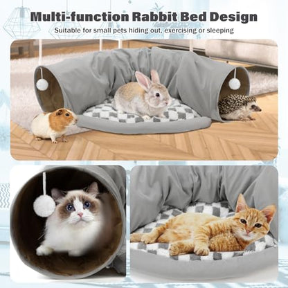BWOGUE Bunny Tunnel Bed, 2-in-1 Collapsible Tunnel Tubes Toys with Removable Mat Hideout for Cats Kittens Rabbits Guinea Pigs Kitty (Gray) - color: Gray