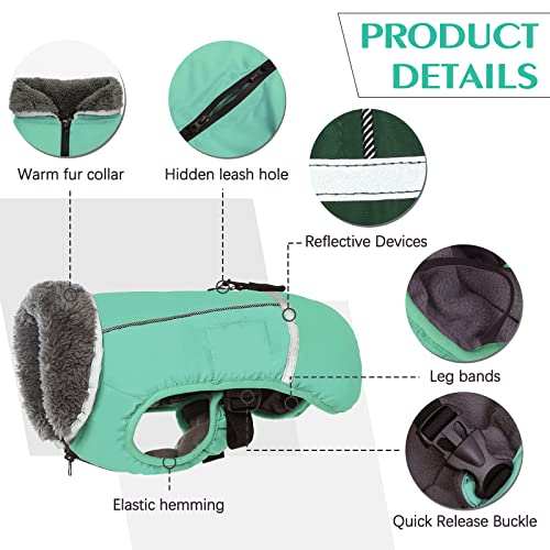 QBLEEV Warm Dog Coat - Waterproof Reflective Jacket, Thick Fleece Dog Snowsuit Christmas Vest for Cold Weather, Small to Large Dogs - color: Turquoise, size: Small