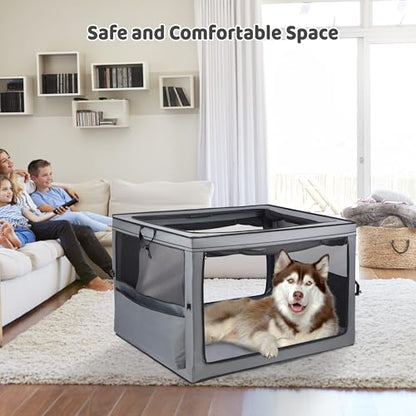 MEGHNA Dog Crate Portable Collapsible Lightweight Soft Sided Folding Travel Dog Kennel Double Door Collapsible 620D Oxford Fabric Cage (Grey, Extra Large) - size: Extra Large