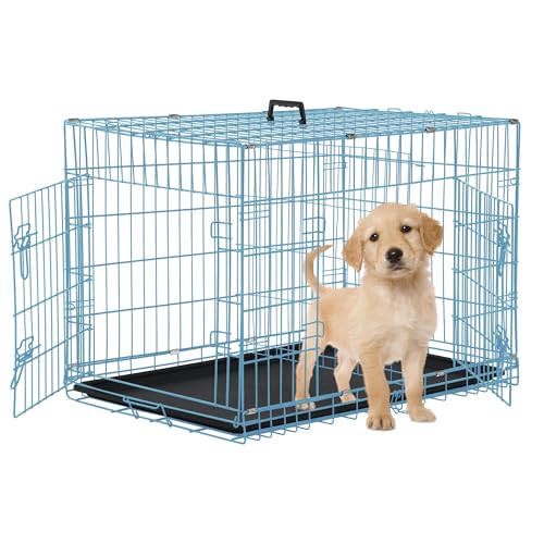 24 Inch Dog Crates for Small Dogs 20LB,Collapsible Dog Cage with Divider Panel Tray Double-Door Puppy Crate for Small Dogs Wire Pet Crate for Animals Indoor/Outdoor(Blue) - color: Blue, size: 24.0"L x 17.0"W x 19.0"H