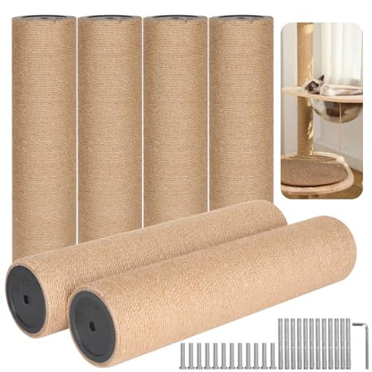6 Pack Cat Scratching Post Replacement, 15.7 x 3.8 Inches Jute Rope Scratching Post Refill with M8 Screws for Indoor Kittens Tower (Yellow)