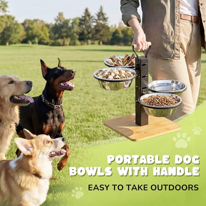 Elevated Dog Bowls Stand - 4 Heights Raised Dog Bowl Large Sized Dog - Dog Feeding Station - Dog Food and Water Bowl Set with Portable Handle - Suitable for Multi-Dog Feeding