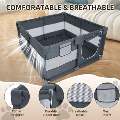 Dog Playpen Oxford Fabric Dog Fence with Washable Pee Pads,50 x 50 x 26 Inches,Steel Pipe,Breathable Mesh, Zipper Gate, Portable Indoor Outdoor Pet Fence Cage for Whelping,Dog Kennel Crate, Grey