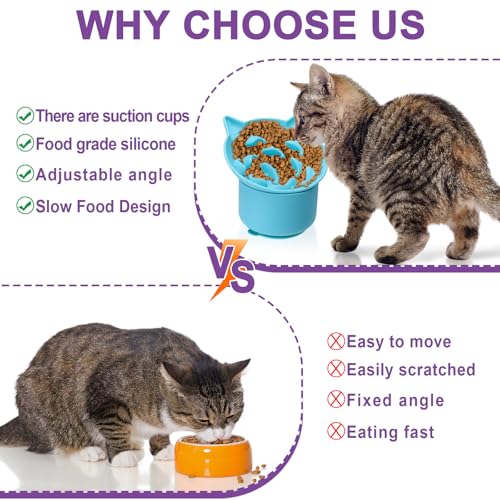 Silicone Cat Slow Feeder, Elevated Slow Feeder Bowl Tilt Design, Suitable for Dry and Wet Food, Adjustable Angle, Cat Food Puzzle with Suction Cup(Blue) - color: Blue